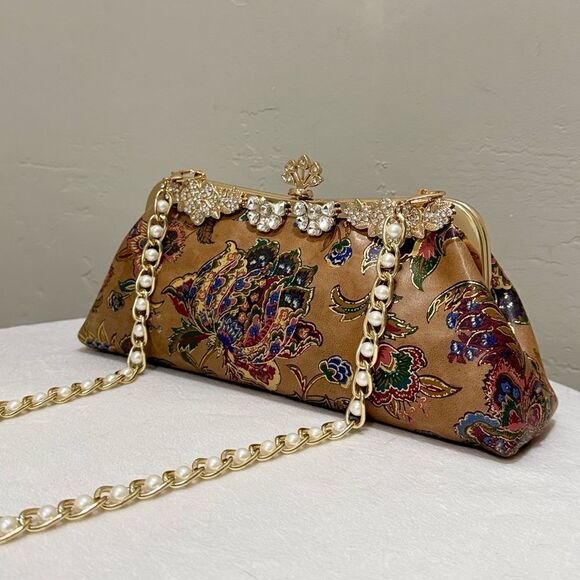 Genuine Leather Retro Floral Print Handmade Push Lock Clutch Bag/Evening Bag - Picture 2 of 15
